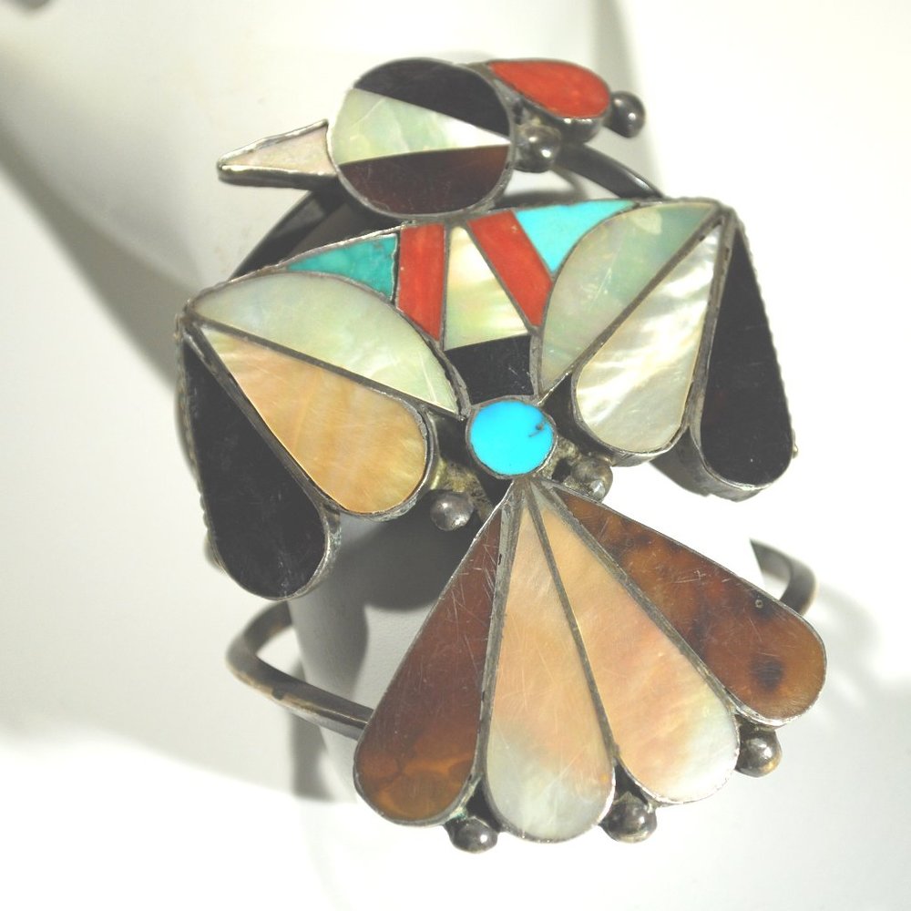 Signed Zuni Inlaid Sterling Thunderbird Bracelet